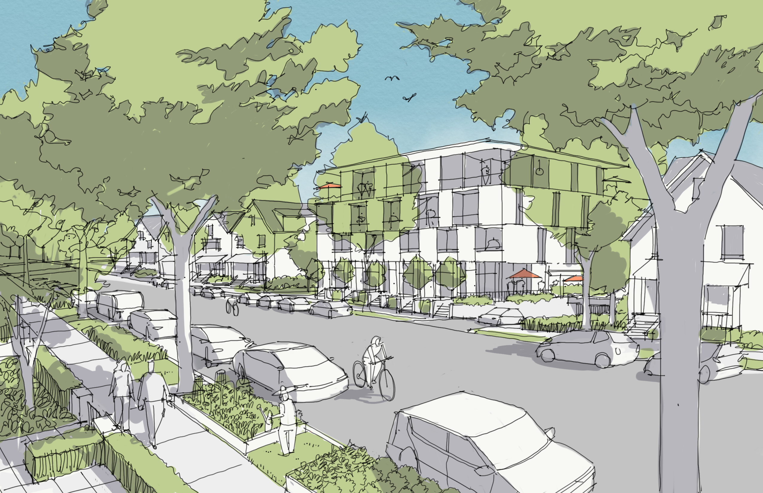 cartoon of a community with various building sizes and trees