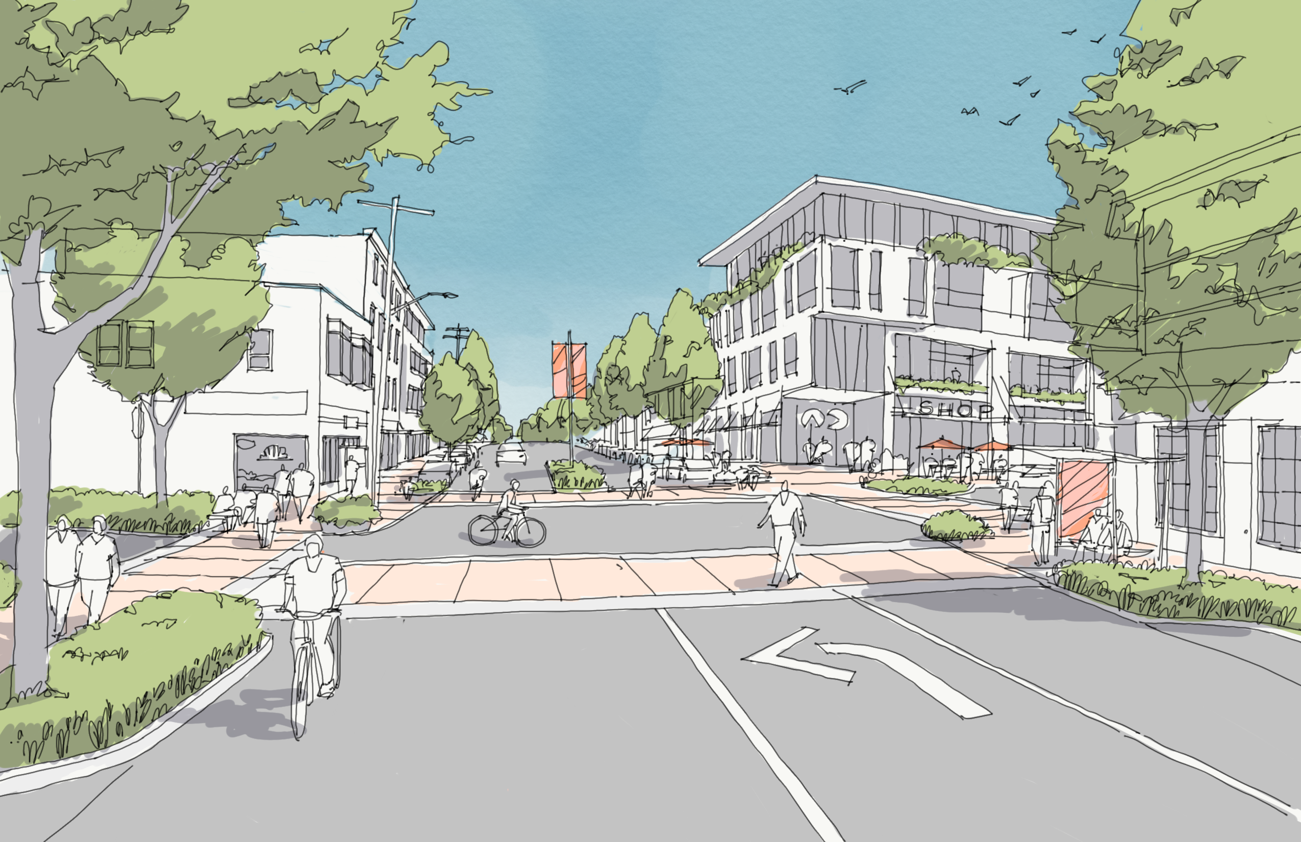 cartoon rendering of a clean city street